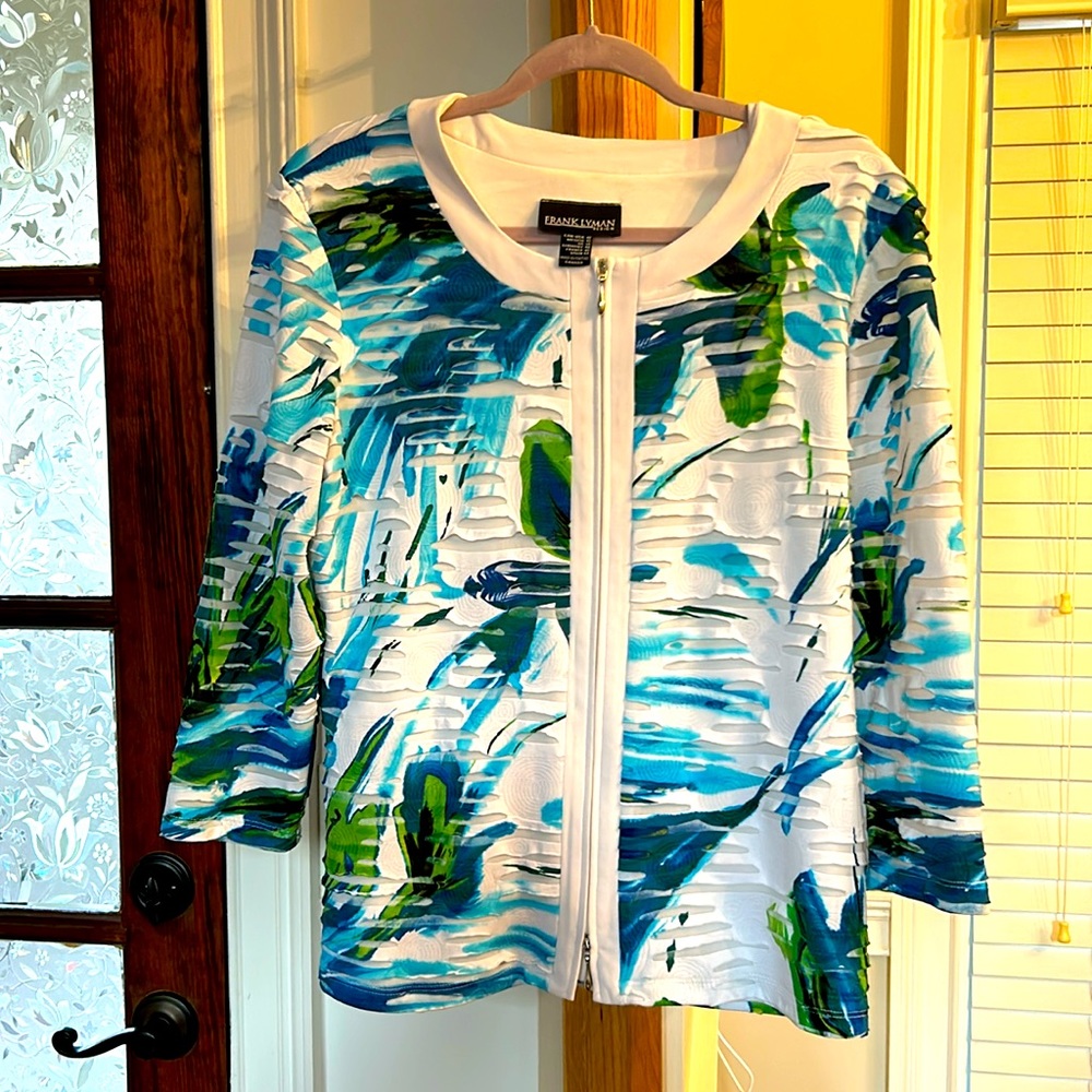 Frank Lyman Design White Jacket with Blue and Green Abstract Print